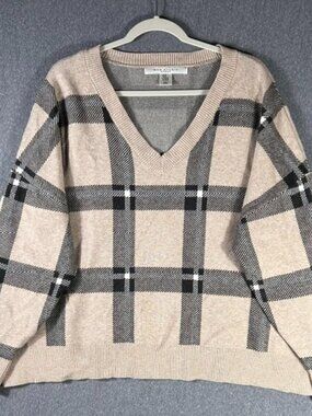 Max Studio Sweater Womens Sz 3X Brown Plaid Pullover V-Neck Long Sleeve